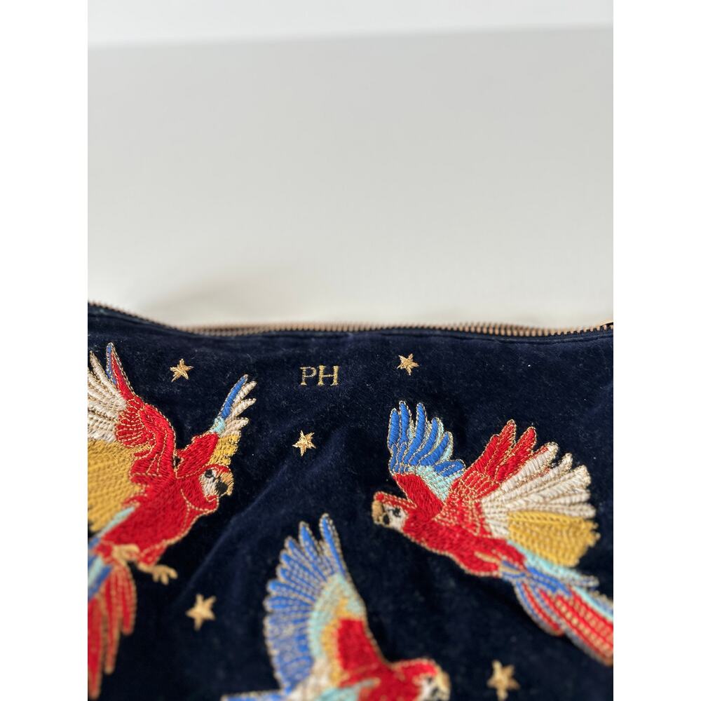 Elizabeth Scarlett Blue Velvet Everyday Embroidered Parrott Monogrammed Pouch - Picture 3 of 7